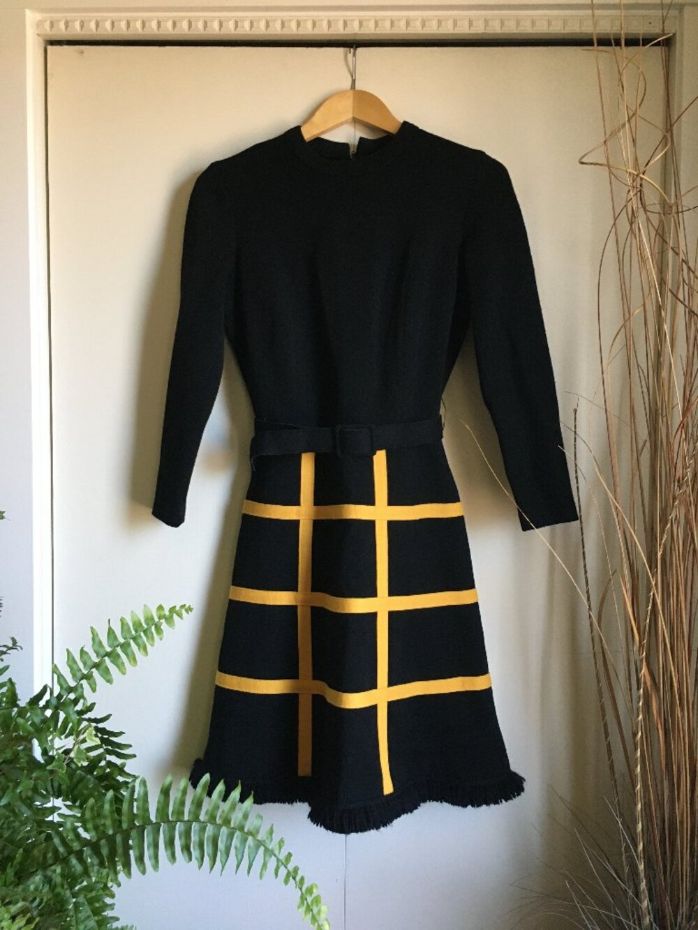 Vintage 70s Charm of Toronto Virgin Wool Black Yellow Grid Mod Dress - S